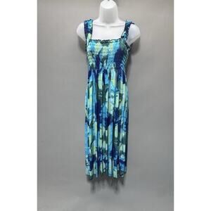 The Drop Smocked Floral Maxi Dress Square Neck Strappy Blue Green XL